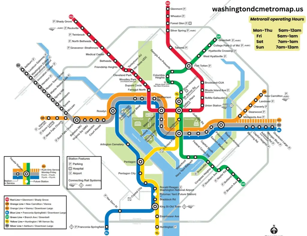 Washington DC Metro Map system.  Six colored lines represent different Metro lines, with stations marked along each route. Includes information on transfers, accessibility options, and key landmarks.
