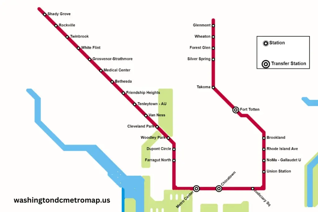 DC Metro Red Line Map, with all stations and transfer stations marked along the route.