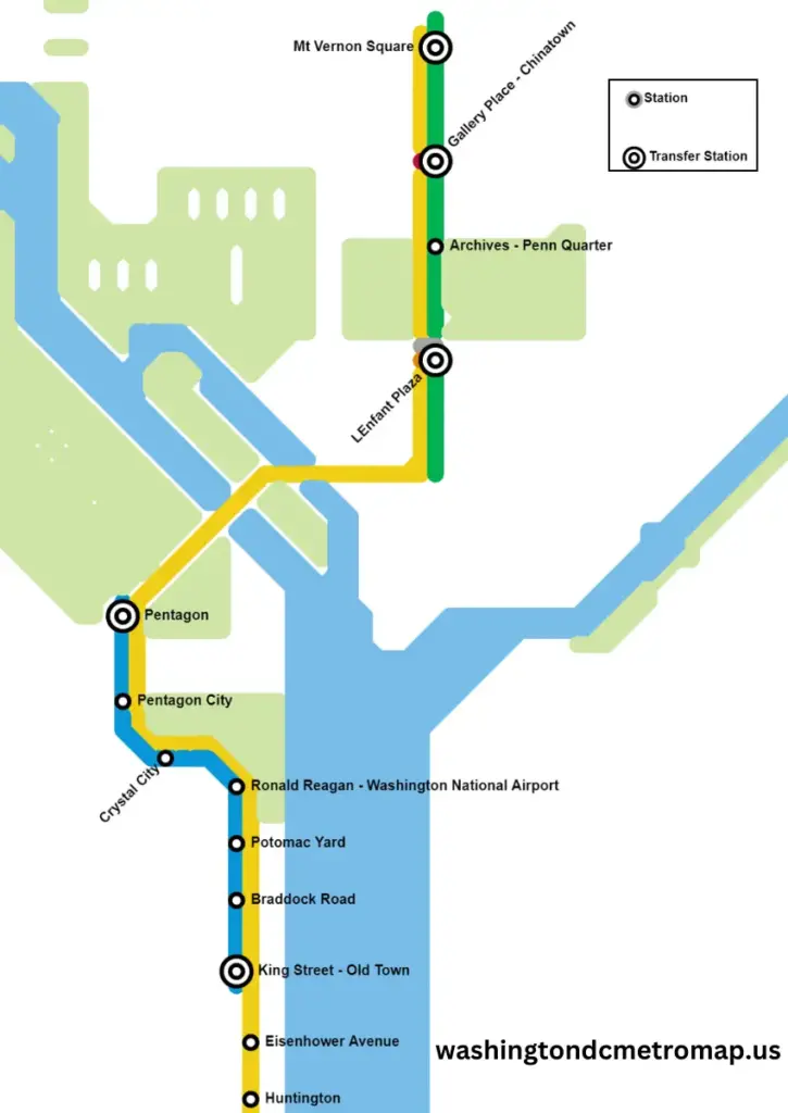 DC Metro Yellow Line Map, with all stations and transfer stations marked along the route.